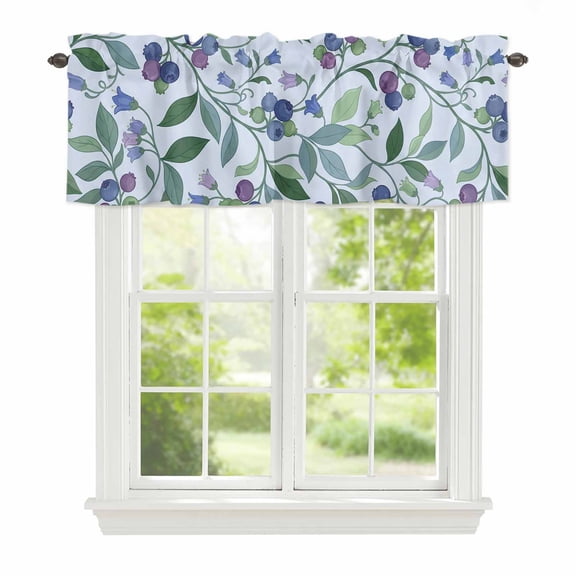 Valance Curtains for Windows Blueberry Kitchen Curtians Window Treatment Blue Fruit Twining Vines Flower Topper Curtain Rod Pocket Valances for Kitchen Bathroom Living Room 42x12in