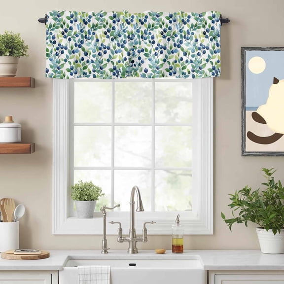 Valance Curtains for Windows Blueberry Leaf Kitchen Curtians Window Treatment Spring Plant White Topper Curtain Rod Pocket Valances for Kitchen Bathroom Living Room 42x12in