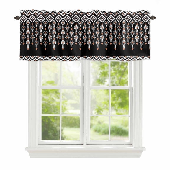 Valance Curtains for Windows Boho Diamond Kitchen Curtians Window Treatment Black Bohemian Geometric Stripes Beads Topper Curtain Rod Pocket Valances for Kitchen Bathroom Living Room 42x12in
