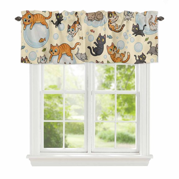 Valance Curtains for Windows Bubble Cute Cat Kitchen Curtians Window Treatment Yellow Playing Animal Catty Fish Topper Curtain Rod Pocket Valances for Kitchen Bathroom Living Room 42x12in