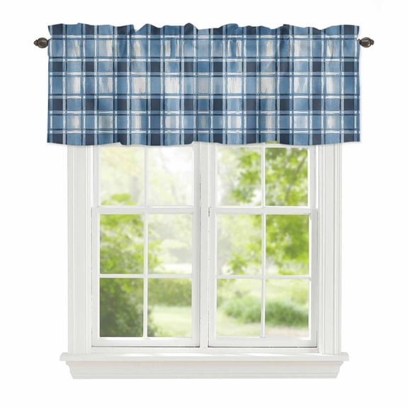 Valance Curtains for Windows Buffalo Plaid Kitchen Curtians Window Treatment Blue Watercolor Check Stripes Topper Curtain Rod Pocket Valances for Kitchen Bathroom Living Room 42x12in