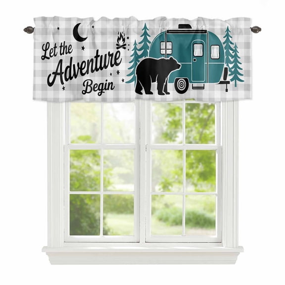 Valance Curtains for Windows Camper Van Bear Kitchen Curtians Window Treatment Let The Adventure Begin Moon Plaid Topper Curtain Rod Pocket Valances for Kitchen Bathroom Living Room 42x12in