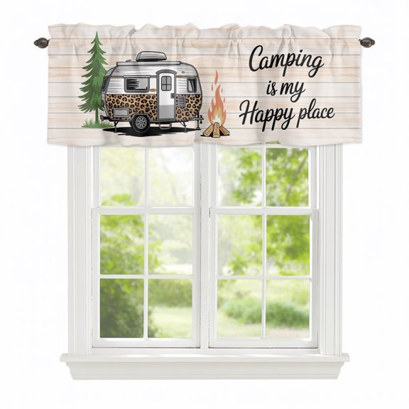 Valance Curtains for Windows Camping Is My Happy Place Kitchen Curtians Window Treatment Camper Van Tree Flame Wood Topper Curtain Rod Pocket Valances for Kitchen Bathroom Living Room 42x12in