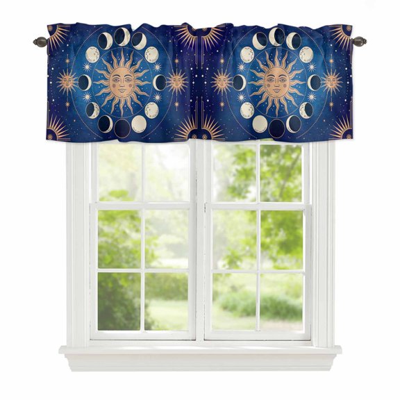 Valance Curtains for Windows Celestial Sun and Moon Kitchen Curtians Window Treatment Blue Starry Galaxy Boho Topper Curtain Rod Pocket Valances for Kitchen Bathroom Living Room 42x12in
