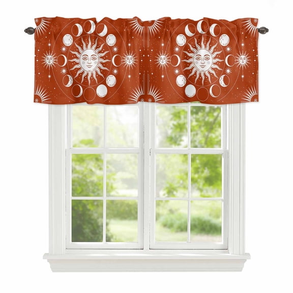 Valance Curtains for Windows Celestial Sun and Moon Kitchen Curtians Window Treatment Burnt Orange Starry Galaxy Boho Topper Curtain Rod Pocket Valances for Kitchen Bathroom Living Room 42x12in
