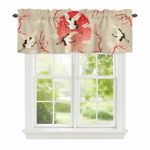 Valance Curtains for Windows Cherry Blossom Crane Kitchen Curtians Window Treatment Japanese Style Cloud Topper Curtain Rod Pocket Valances for Kitchen Bathroom Living Room 54x18in