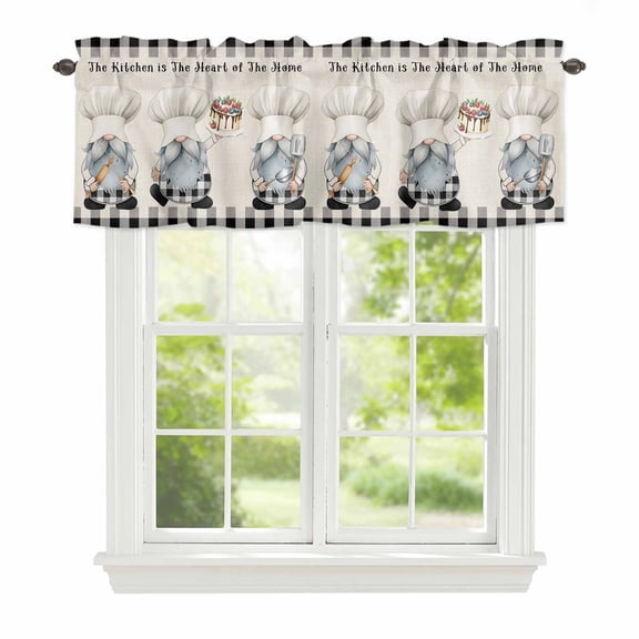 Valance Curtains for Windows Cooking Chef Gnome Kitchen Curtians Window Treatment Cake Black Buffalo Plaid Topper Curtain Rod Pocket Valances for Kitchen Bathroom Living Room 42x12in
