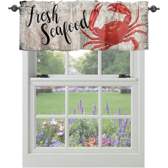 Valance Curtains for Windows Crab Retro Wood Grain Window Treatment Curtains Marine Life Nautical Animal Short Curtain Rod Pocket Valances for Kitchen Bathroom Living Room, 1 Panel 54x18 Inch