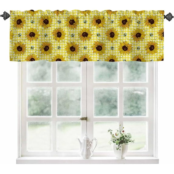 Valance Curtains for Windows,Cute Bees and Sunflowers Semi Sheer Curtain Valance,Sunflower on Checkered Window Valance Curtains,Short Rod Pocket Window Treatment for Kitchen Living Room 54"x18"