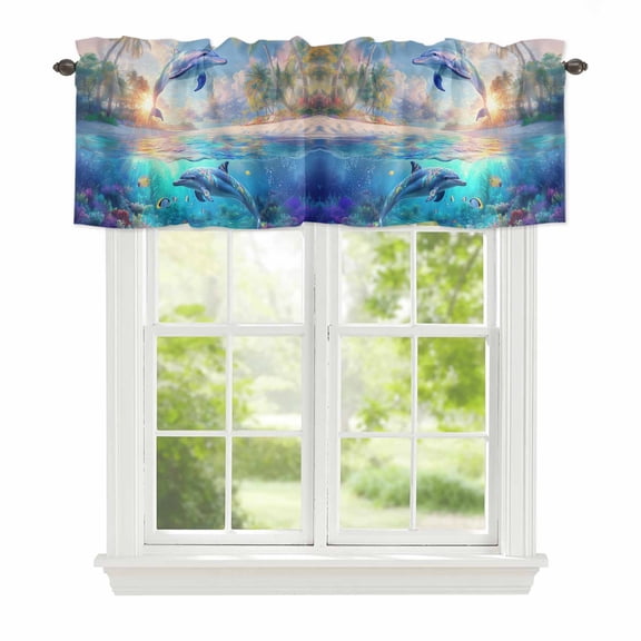 Valance Curtains for Windows Dolphin Kitchen Curtians Window Treatment Ocean Animal Tropical Coconut Topper Curtain Rod Pocket Valances for Kitchen Bathroom Living Room 60x18in