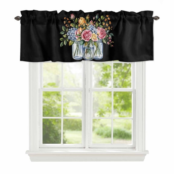 Valance Curtains for Windows Flower Vase Kitchen Curtians Window Treatment Leaves Plant Black Topper Curtain Rod Pocket Valances for Kitchen Bathroom Living Room 42x12in