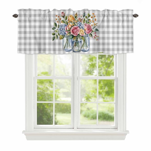 Valance Curtains for Windows Flower Vase Kitchen Curtians Window Treatment Leaves Plant Grey Plaid Topper Curtain Rod Pocket Valances for Kitchen Bathroom Living Room 42x12in