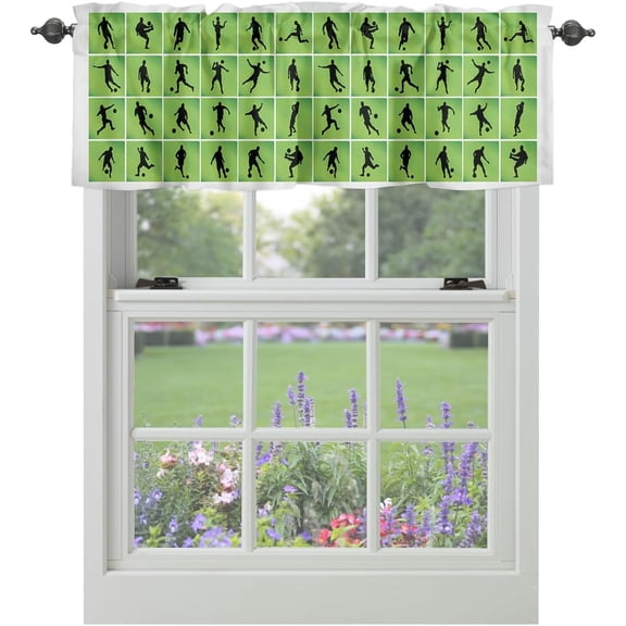 Valance Curtains for Windows Football Soccer Game Window Treatment Curtains Silhouette Ball Sports Theme Green Short Curtain Rod Pocket Valances for Kitchen Bathroom Living Room, 1 Panel 54x18 Inch
