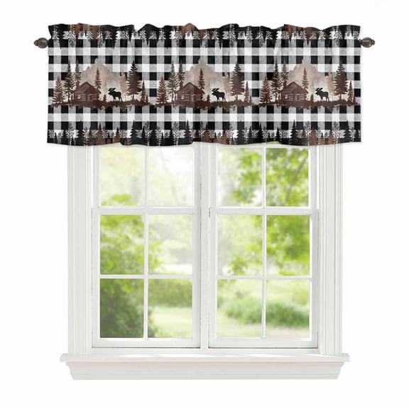 Valance Curtains for Windows Forest Moose Kitchen Curtians Window Treatment Cabin Animal Pine Tree Woodland Plaid Topper Curtain Rod Pocket Valances for Kitchen Bathroom Living Room 42x12in