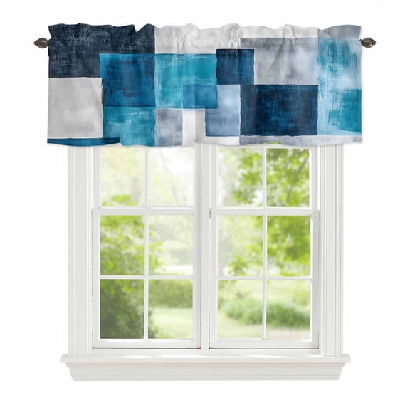 Valance Curtains for Windows Geometric Square Kitchen Curtians Window Treatment Blue Treal Topper Curtain Rod Pocket Valances for Kitchen Bathroom Living Room 42x12in
