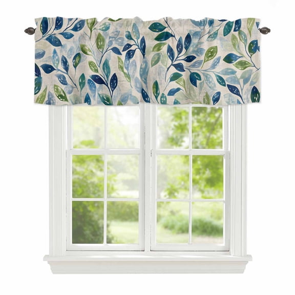 Valance Curtains for Windows Green Blue Leaf Kitchen Curtians Window Treatment Spring Leaves Topper Curtain Rod Pocket Valances for Kitchen Bathroom Living Room 42x12in