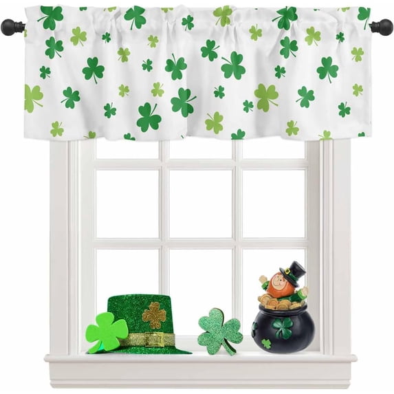 Valance Curtains for Windows Green Clover St. Patrick''s Day Kitchen Curtains Window Treatment Irish Holiday Decor Gold Coin Lucky Short Curtain Valances for Kitchen Bathroom Living Room