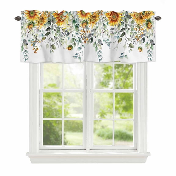 Valance Curtains for Windows Green Eucalyptus Leaves Kitchen Curtians Window Treatment Plant Sunflower Topper Curtain Rod Pocket Valances for Kitchen Bathroom Living Room 42x12in