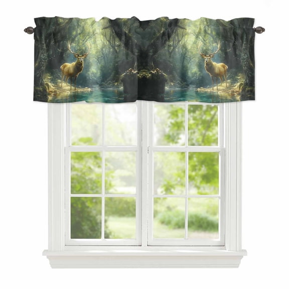 Valance Curtains for Windows Green Forest Deer Kitchen Curtians Window Treatment Fantasy Country Topper Curtain Rod Pocket Valances for Kitchen Bathroom Living Room 42x12in