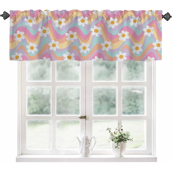 Valance Curtains for Windows,Groovy Hippie Flowers and Rainbow Waves Semi Sheer Curtain Valance,Retro Daisies Window Valance Curtains,Short Rod Pocket Window Treatment for Kitchen Living Room 54"x18"