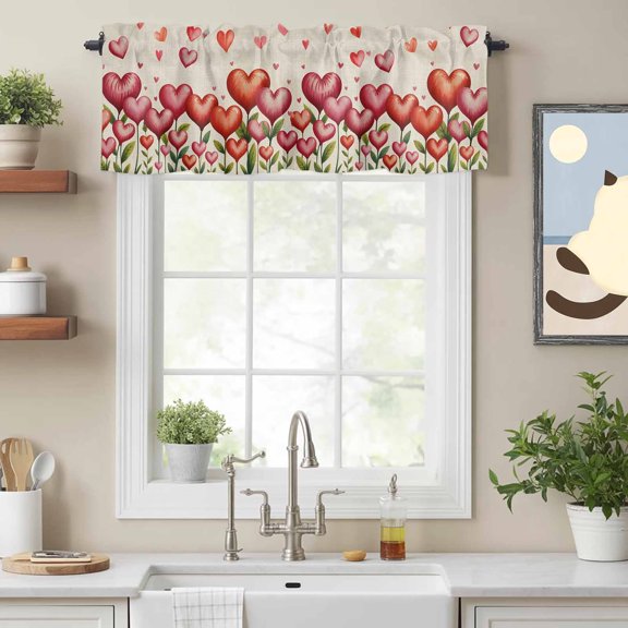 Valance Curtains for Windows Heart Flower Kitchen Curtians Window Treatment Red Pink Heart Topper Curtain Rod Pocket Valances for Kitchen Bathroom Living Room 42x12in