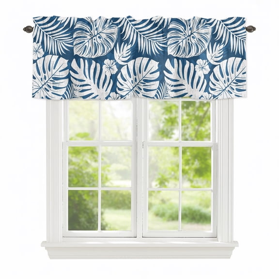 Valance Curtains for Windows Indigo Palm Leaves Kitchen Curtians Window Treatment Jungle Leaf Monstera Plant Topper Curtain Rod Pocket Valances for Kitchen Bathroom Living Room 42x12in
