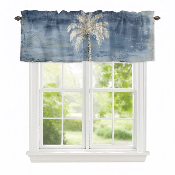 Valance Curtains for Windows Indigo Palm Tree Kitchen Curtians Window Treatment Summer Tropical Jungle Topper Curtain Rod Pocket Valances for Kitchen Bathroom Living Room 42x12in