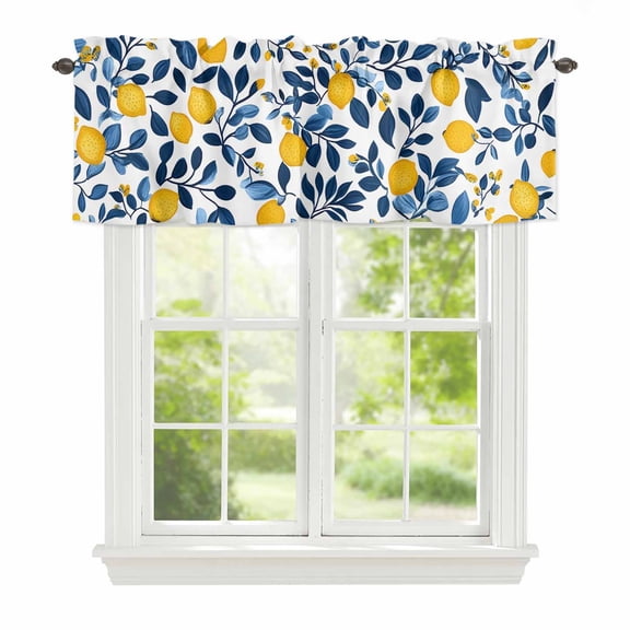 Valance Curtains for Windows Lemon Kitchen Curtians Window Treatment Floral Fruit Blue Leaf Topper Curtain Rod Pocket Valances for Kitchen Bathroom Living Room 42x18in