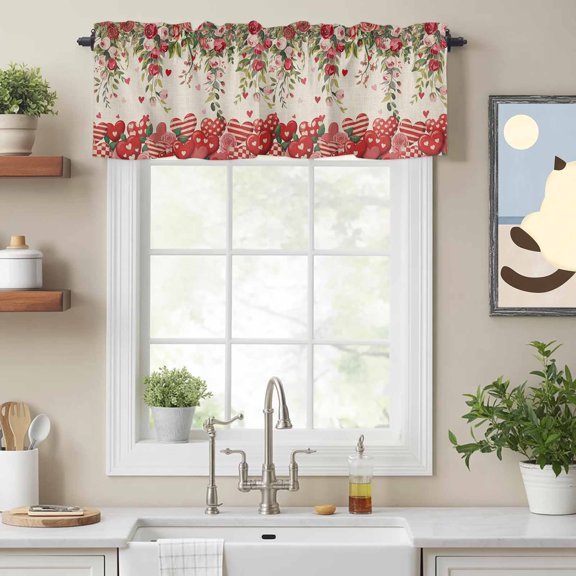 Valance Curtains for Windows Love Heart Kitchen Curtians Window Treatment Red Pink Roses Flowers Topper Curtain Rod Pocket Valances for Kitchen Bathroom Living Room 42x12in