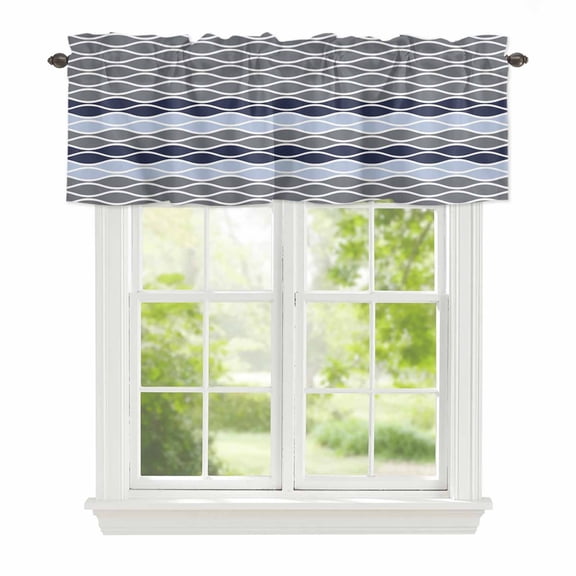 Valance Curtains for Windows Moroccan Ombre Navy Blue Kitchen Curtians Window Treatment Abstract Wave Lines Topper Curtain Rod Pocket Valances for Kitchen Bathroom Living Room 42x12in