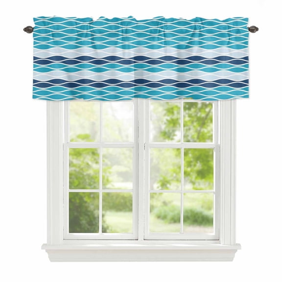 Valance Curtains for Windows Moroccan Ombre Teal Blue Kitchen Curtians Window Treatment Abstract Wave Lines Topper Curtain Rod Pocket Valances for Kitchen Bathroom Living Room 42x12in