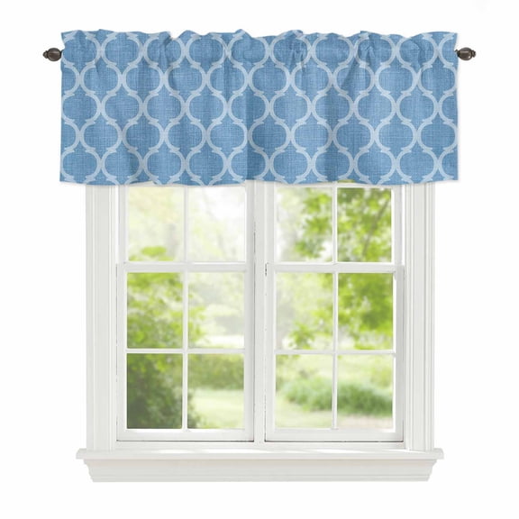 Valance Curtains for Windows Moroccan Texture Kitchen Curtians Window Treatment Retro Lake Blue Linen Topper Curtain Rod Pocket Valances for Kitchen Bathroom Living Room 42x12in