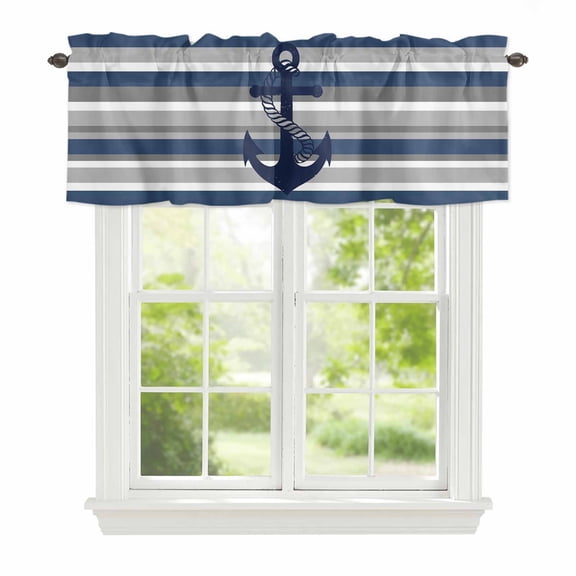 Valance Curtains for Windows Nautical Anchor Kitchen Curtians Window Treatment Navy Blue Grey Stripes Topper Curtain Rod Pocket Valances for Kitchen Bathroom Living Room 54x18in