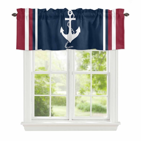 Valance Curtains for Windows Nautical Anchor Kitchen Curtians Window Treatment Navy Blue Red Stripes Topper Curtain Rod Pocket Valances for Kitchen Bathroom Living Room 42x12in