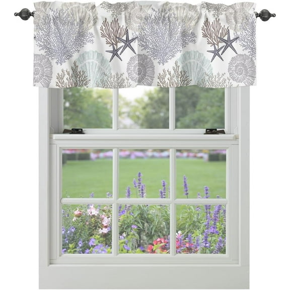 Valance Curtains for Windows Nautical Coastal Ocean Coral Kitchen Curtains Window Treatment Beach Themed Grey Topper Curtain Rod Pocket Valances for Kitchen Bathroom Living Room 54x18 inch, 1 Panel