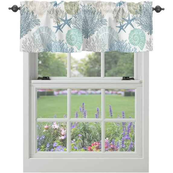 Valance Curtains for Windows Nautical Coastal Ocean Coral Kitchen Curtains Window Treatment Starfish Beach Blue Teal Curtain Rod Pocket Valances for Kitchen Bathroom Living Room 54x18 inch