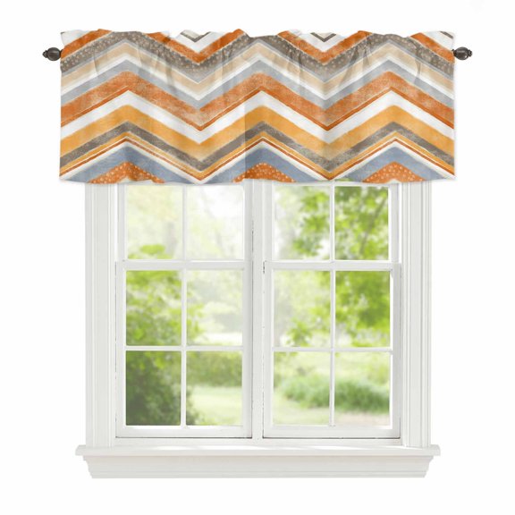 Valance Curtains for Windows Orange Grey Chevron Kitchen Curtians Window Treatment Geometric Design Stripe Topper Curtain Rod Pocket Valances for Kitchen Bathroom Living Room 42x12in