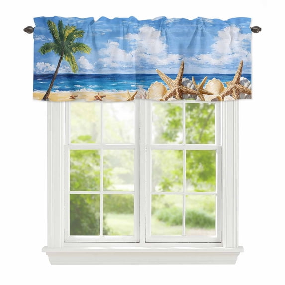 Valance Curtains for Windows Palm Tree Starfish Kitchen Curtians Window Treatment Sandy Beach Blue Sky Topper Curtain Rod Pocket Valances for Kitchen Bathroom Living Room 60x18in