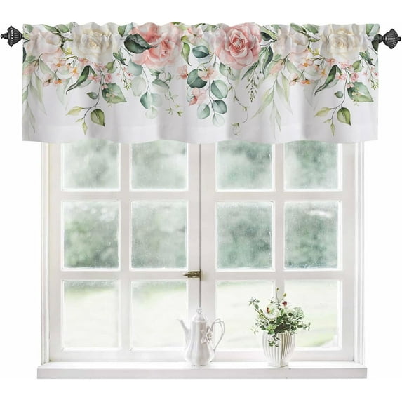 Valance Curtains for Windows,Pink White Rose Flowers Semi Sheer Curtain Valance,Watercolor Floral Green Leaves Window Valance Curtains,Rod Pocket Window Treatment for Kitchen Living Room 54"x18"