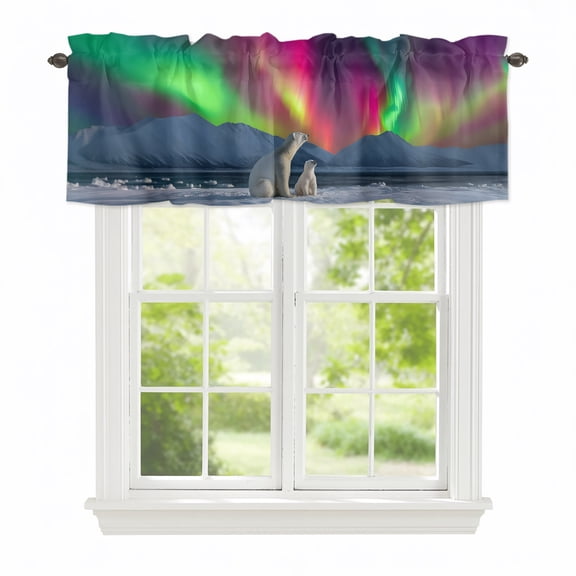 Valance Curtains for Windows Romantic Auroras Kitchen Curtians Window Treatment Polar Bear Arctic Peaks Topper Curtain Rod Pocket Valances for Kitchen Bathroom Living Room 42x12in