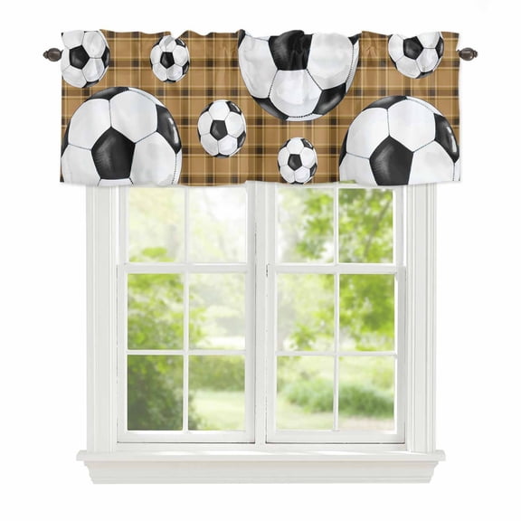 Valance Curtains for Windows Soccer Balls Kitchen Curtians Window Treatment Sports Yellow Buffalo Plaid Topper Curtain Rod Pocket Valances for Kitchen Bathroom Living Room 42x12in