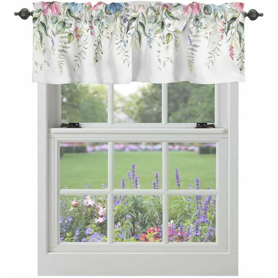 Valance Curtains for Windows Spring Floral Plant Leaves Kitchen Curtains Window Treatment Watercolor Flowers Topper Curtain Rod Pocket Valances for Kitchen Bathroom Living Room 54x18 inch, 1 Panel