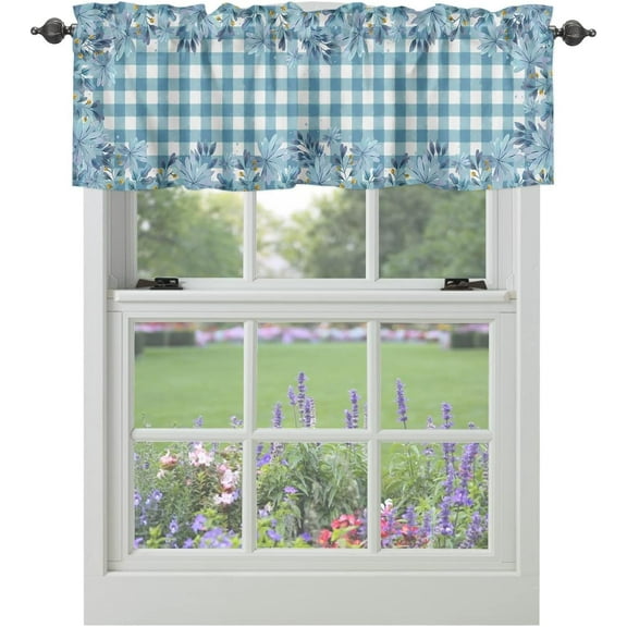 Valance Curtains for Windows Summer Floral Side Window Treatment Decor Curtains Blue Buffalo Check Short Curtain Rod Pocket Valances for Kitchen Bathroom Living Room 54x18 inch, 1 Panel
