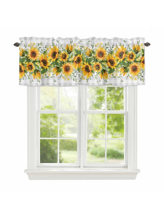 Valance Curtains for Windows Sunflower Kitchen Curtians Window Treatment Leaves Grey Buffalo Plaid Topper Curtain Rod Pocket Valances for Kitchen Bathroom Living Room 42x12in