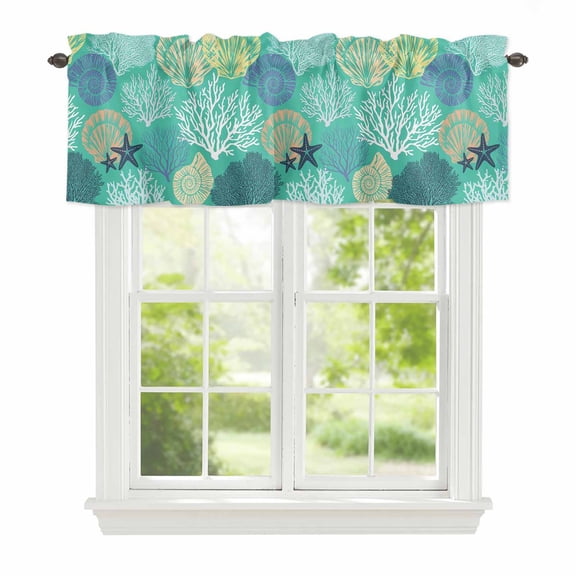 Valance Curtains for Windows Teal Green Starfish Shell Kitchen Curtians Window Treatment Nautical Ocean Coral Topper Curtain Rod Pocket Valances for Kitchen Bathroom Living Room 42x12in