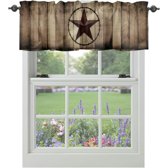 Valance Curtains for Windows Texas Star Wooden Board Window Treatment Curtains Vintage Farm Wood Grain Short Curtain Rod Pocket Valances for Kitchen Bathroom Living Room, 1 Panel 54x18 Inch