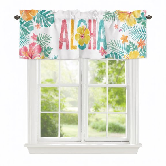 Valance Curtains for Windows Tropical Monstera Leaves Kitchen Curtians Window Treatment Hibiscus Flowers Aloha Topper Curtain Rod Pocket Valances for Kitchen Bathroom Living Room 42x12in