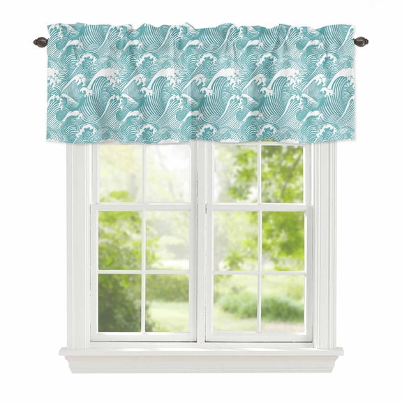 Valance Curtains for Windows Turquoise Waves Kitchen Curtians Window Treatment Ocean Lines Stripes Topper Curtain Rod Pocket Valances for Kitchen Bathroom Living Room 42x12in