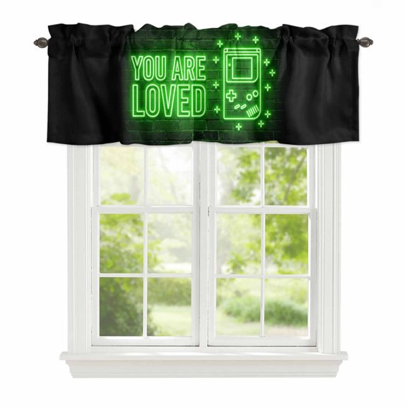 Valance Curtains for Windows Video Game Kitchen Curtians Window Treatment Green Shiny Gaming Playing Gamer Topper Curtain Rod Pocket Valances for Kitchen Bathroom Living Room 42x12in