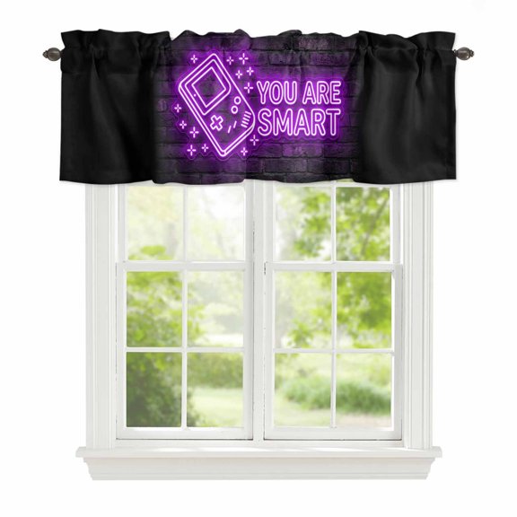 Valance Curtains for Windows Video Game Kitchen Curtians Window Treatment Purple Shiny Gaming Playing Gamer Topper Curtain Rod Pocket Valances for Kitchen Bathroom Living Room 42x12in